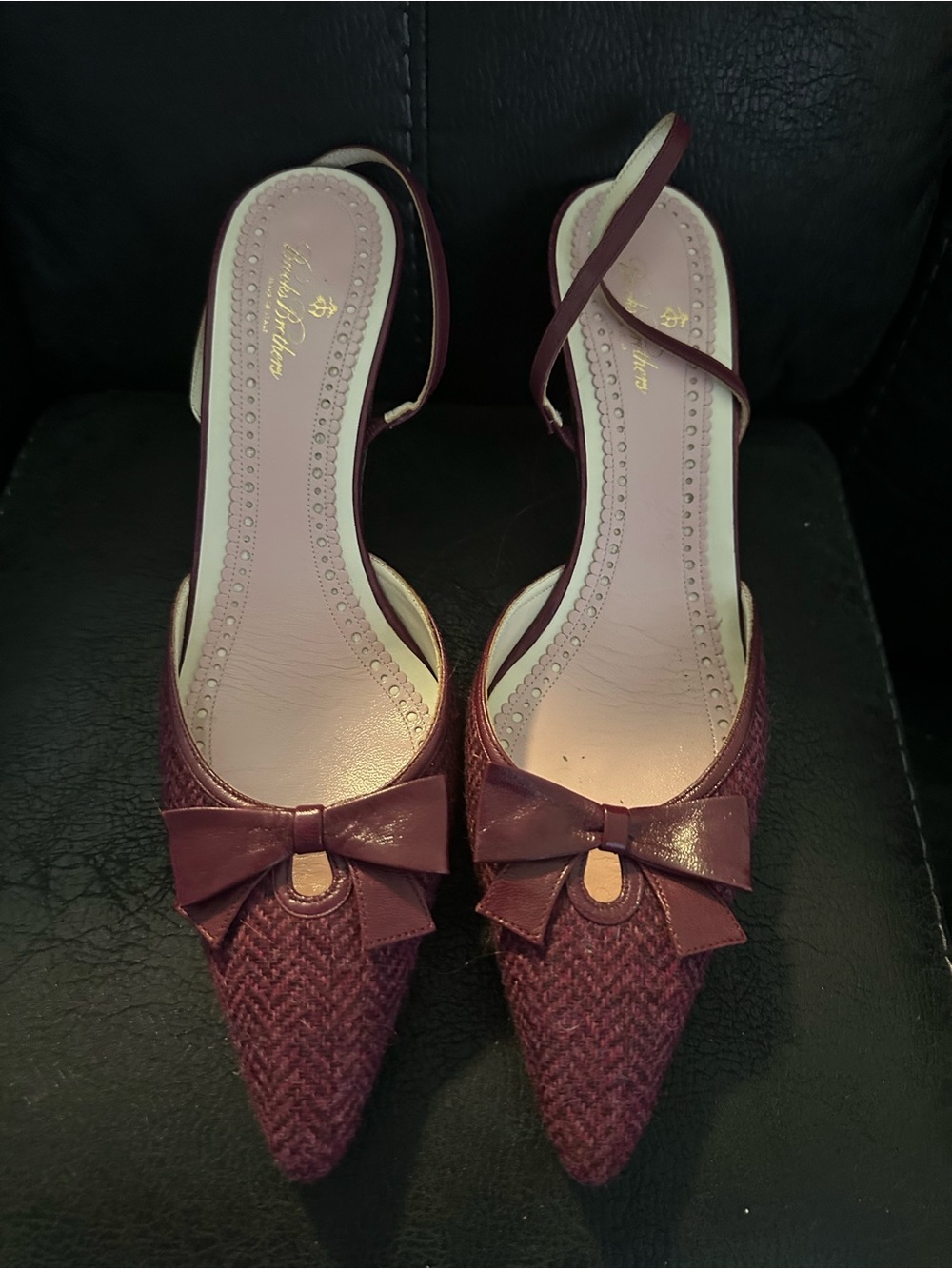 Brooks Brothers Burgundy Pointed Slingback Heels with Bow Accent